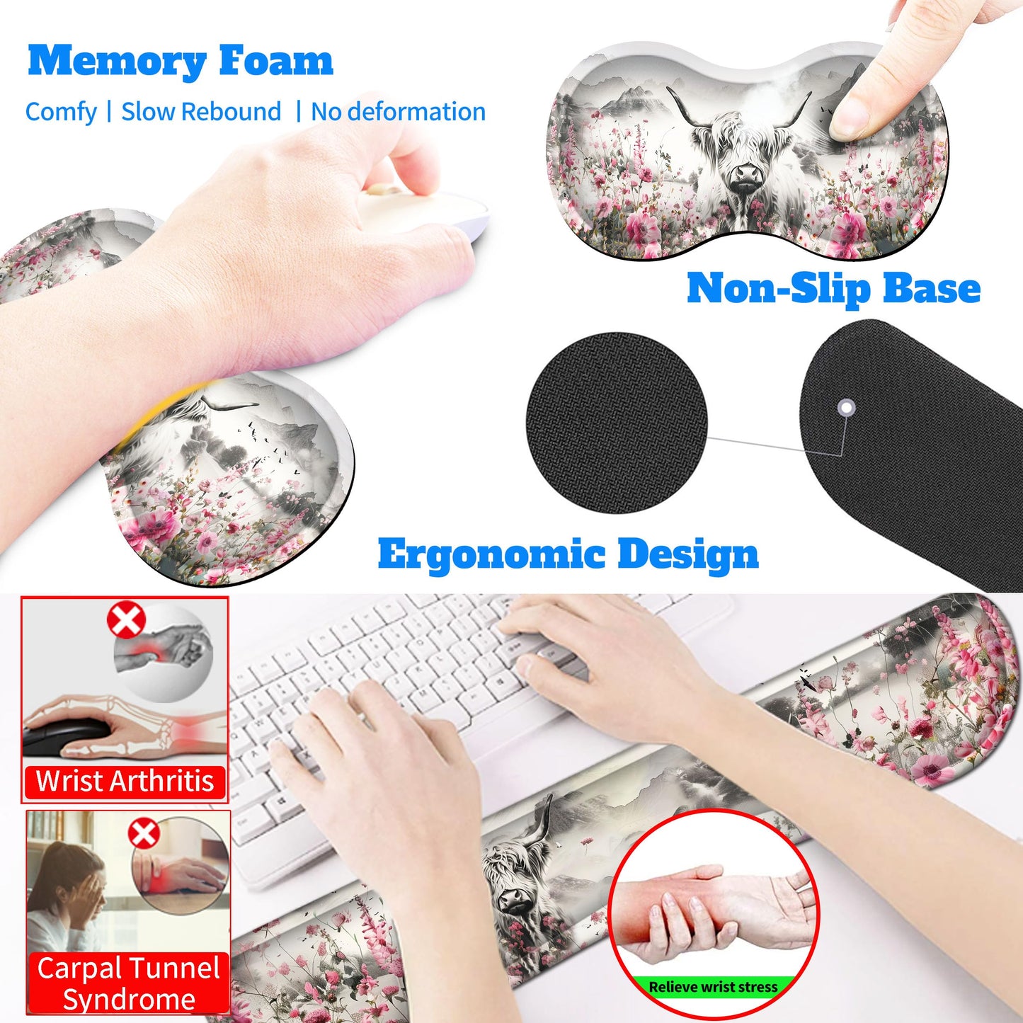 HaoSiTeck 4-Piece Extended Large Mouse Pad Set for Women Men with Highland Cow Design Includes 35.4