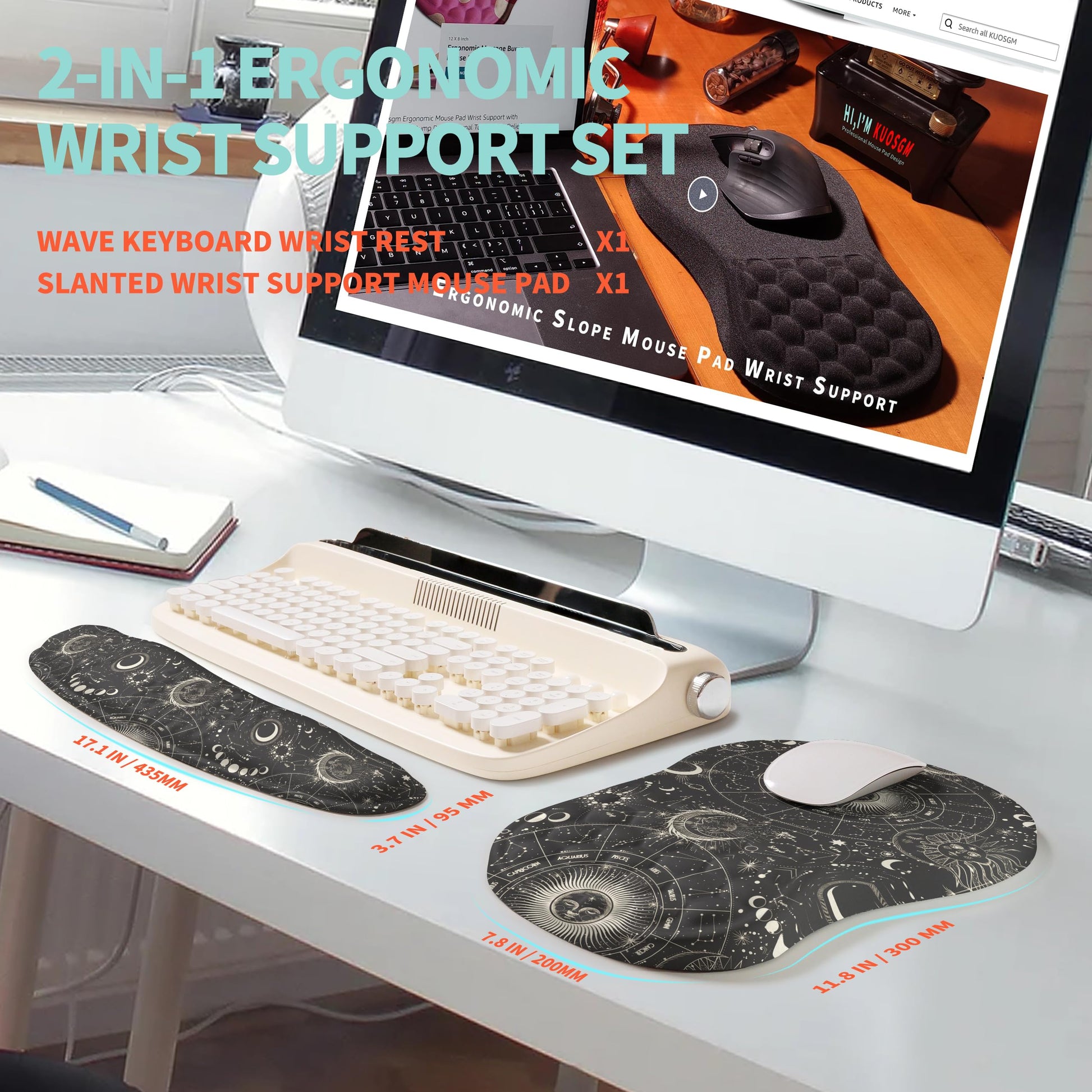 KUOSGM 2-in-1 Ergonomic Set, Wave Rise Keyboard Wrist Rest and Massage Bulge Slope Mouse Pad Wrist