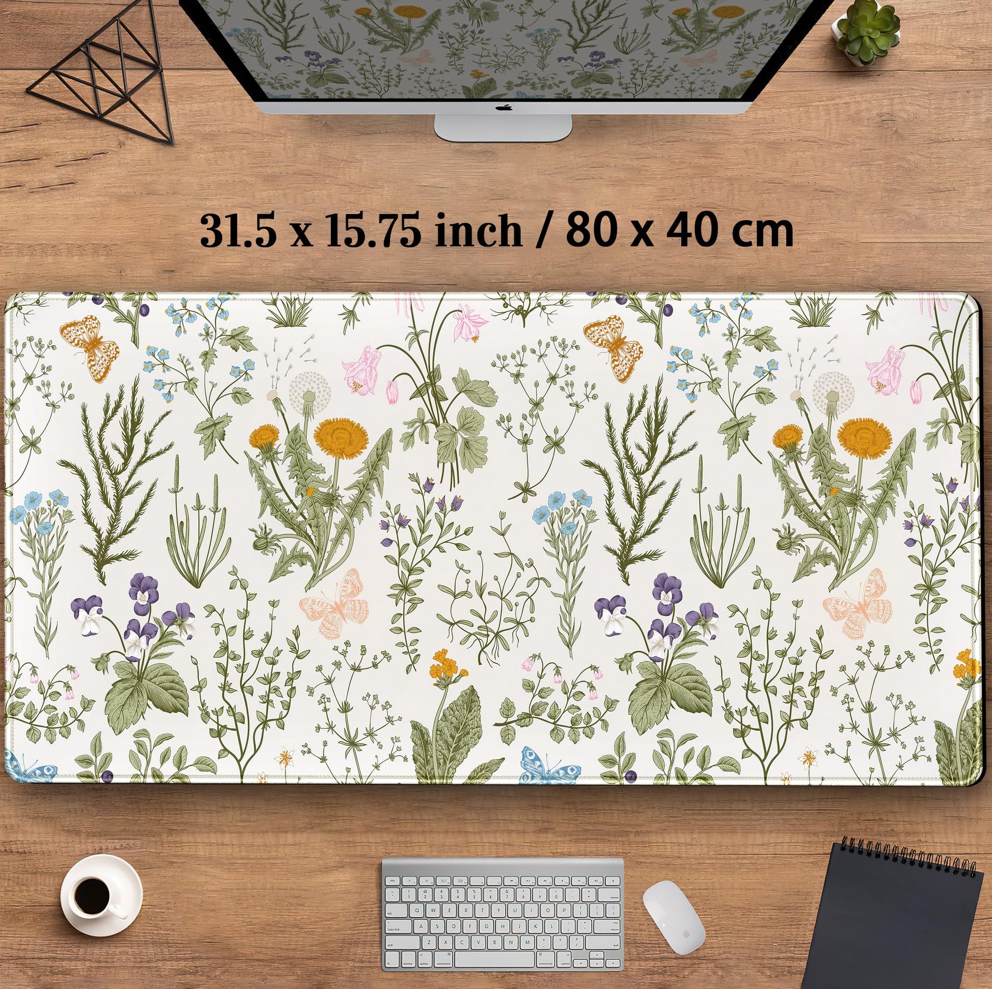 Cute Flowers Desk Mat Pressed Dried Floral Mouse Pad Neutral Beige Sage Green XXL Large Extended