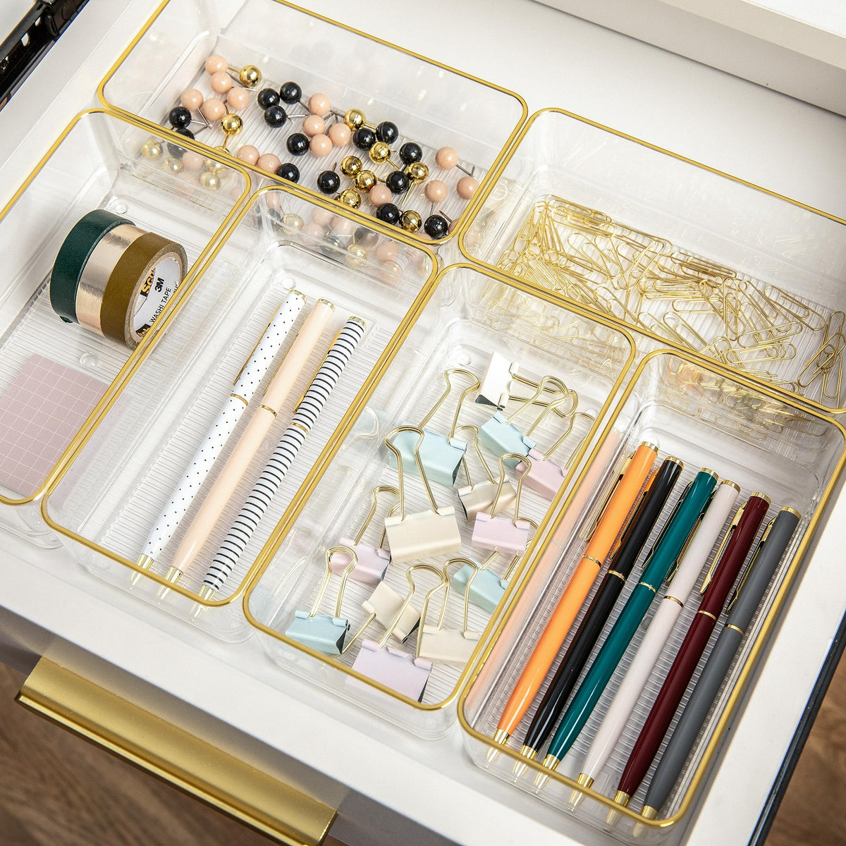 Martha Stewart Kerry Plastic Stackable Office Desk Drawer Organizers, 6" x 3", 6 Pack, with Gold