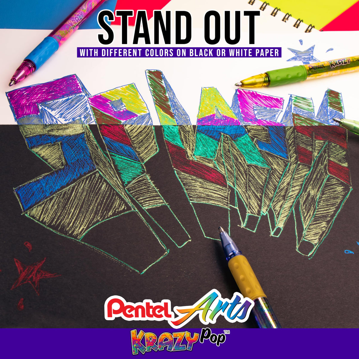 Pentel Sparkle and Krazy Pop, Metallic Gel Ink Pen, (1.0mm), Bold Line, Assorted Ink Colors, 12