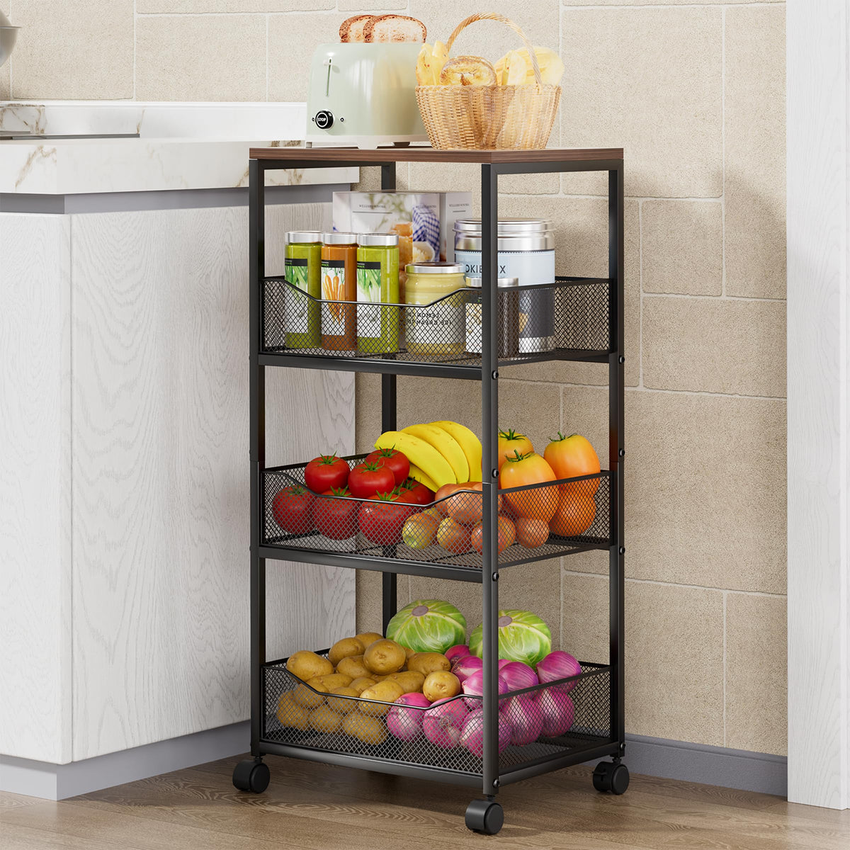 HapiRm Fruit Basket Kitchen Cart - 4-Tier Rolling Storage Cart with Wheels, Fruit Vegetable Basket