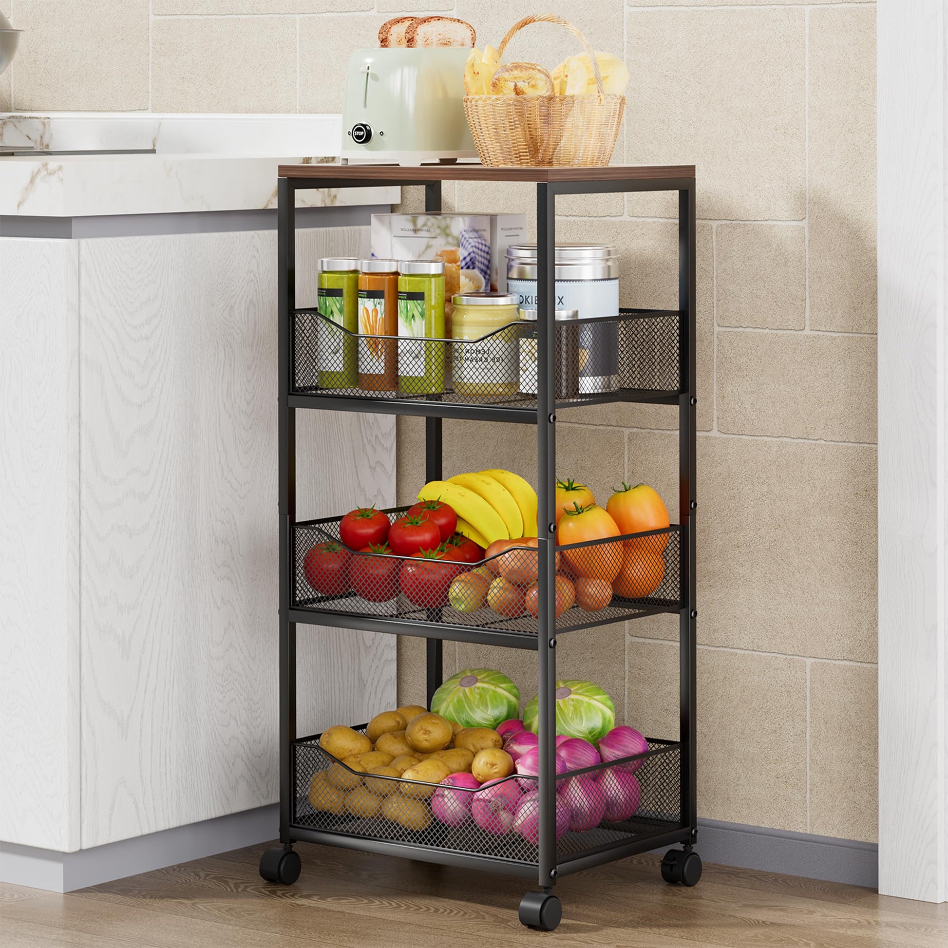 HapiRm Fruit Basket Kitchen Cart - 4-Tier Rolling Storage Cart with Wheels, Fruit Vegetable Basket