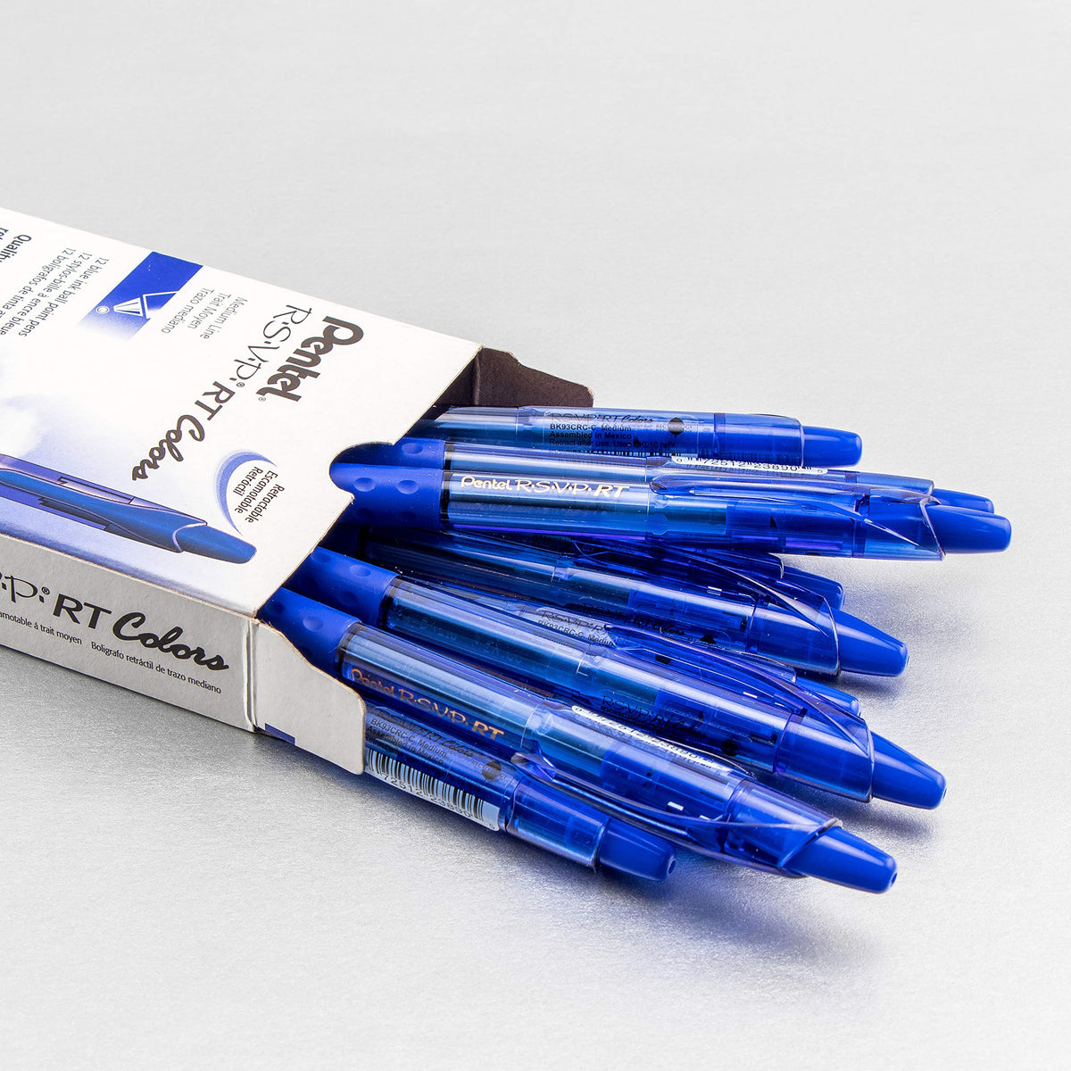 Pentel RSVP RT Colors Retractable Ballpoint Pen, (1.0mm) Medium Line, Barrel, Blue Ink, Box of 12