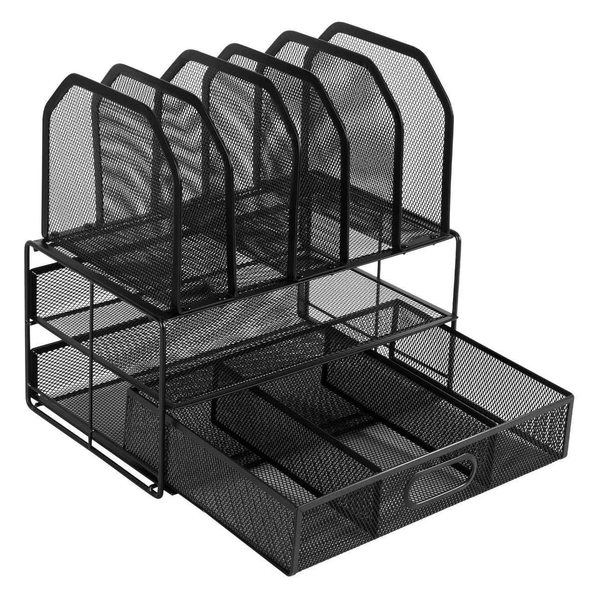 Amazon Basics Mesh Desk Organizer with Sliding Drawer, Double Tray and 5 Upright Sections, File