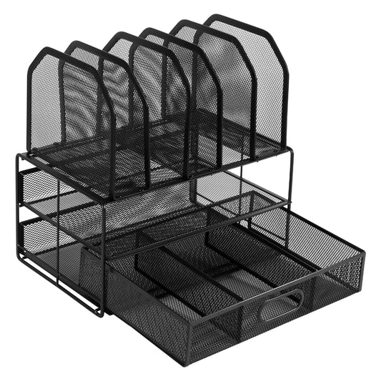 Amazon Basics Mesh Desk Organizer with Sliding Drawer, Double Tray and 5 Upright Sections, File