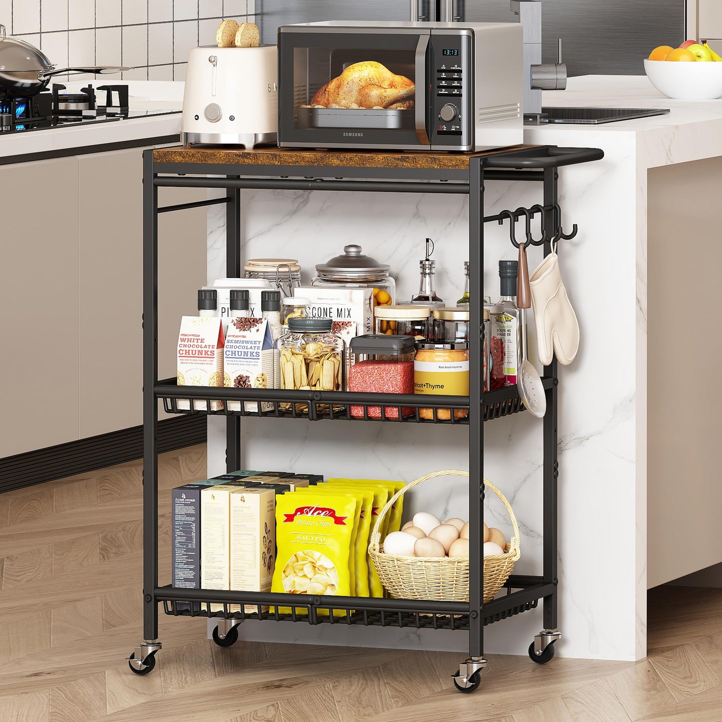 Microwave Kitchen Rolling Cart, 35.43" H Microwave Table Stand with Lockable Wheels, Utility Cart