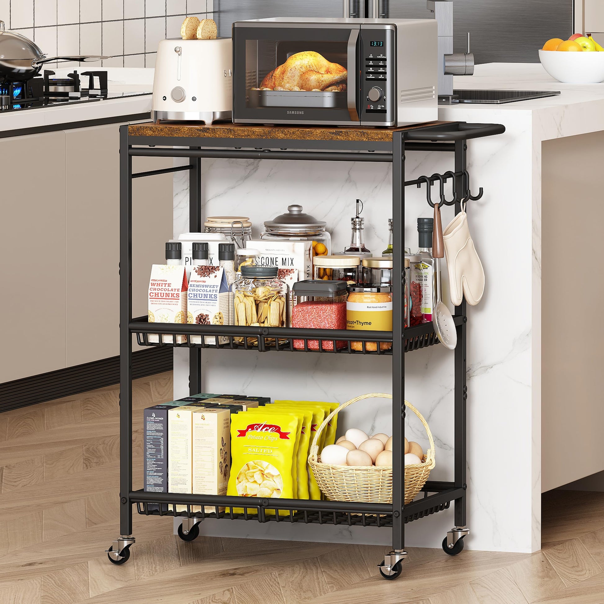 Microwave Kitchen Rolling Cart, 35.43" H Microwave Table Stand with Lockable Wheels, Utility Cart