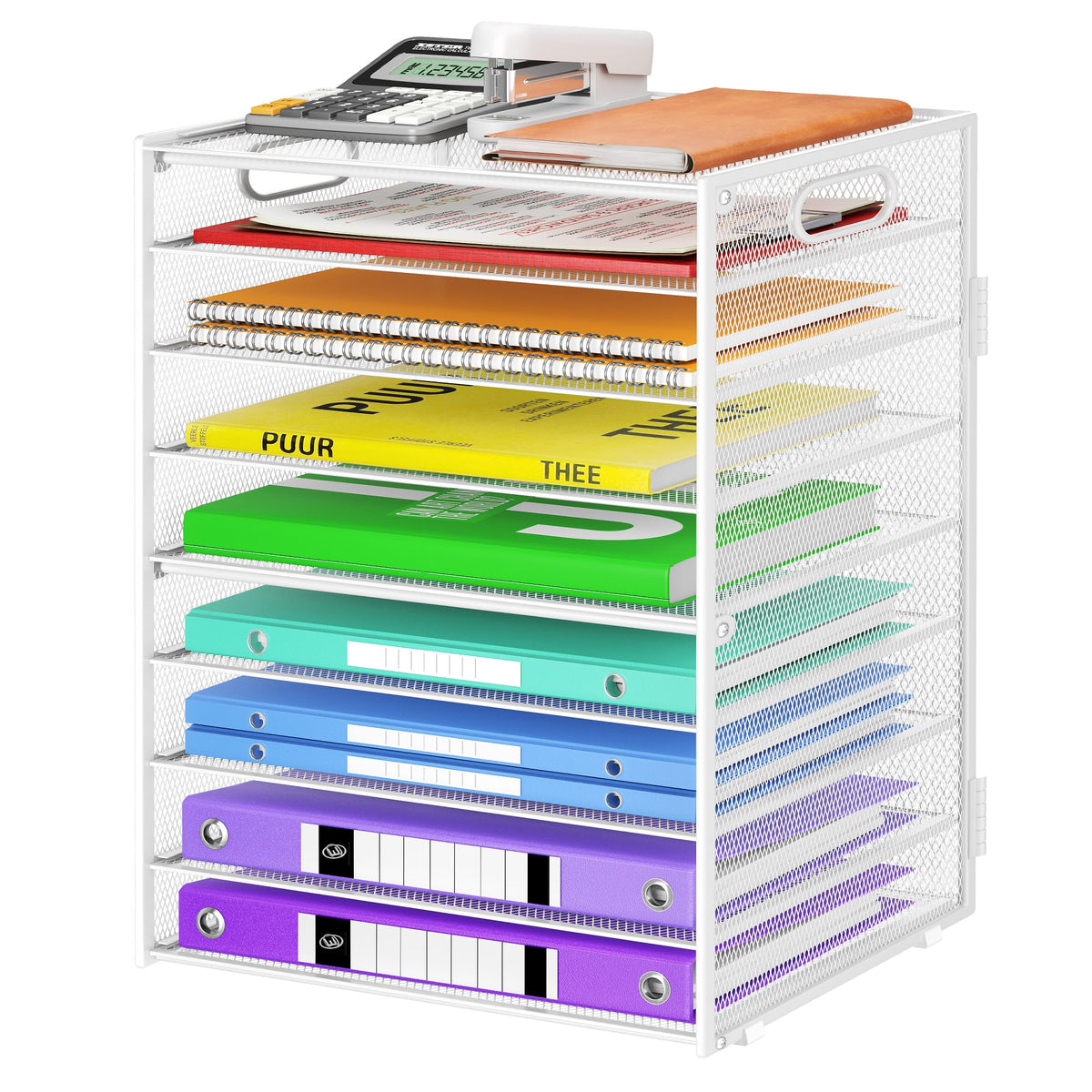 Cawukege 9 Tier Paper Organizer with Handle, White Large Capacity Desk Organizer Mesh File Folder
