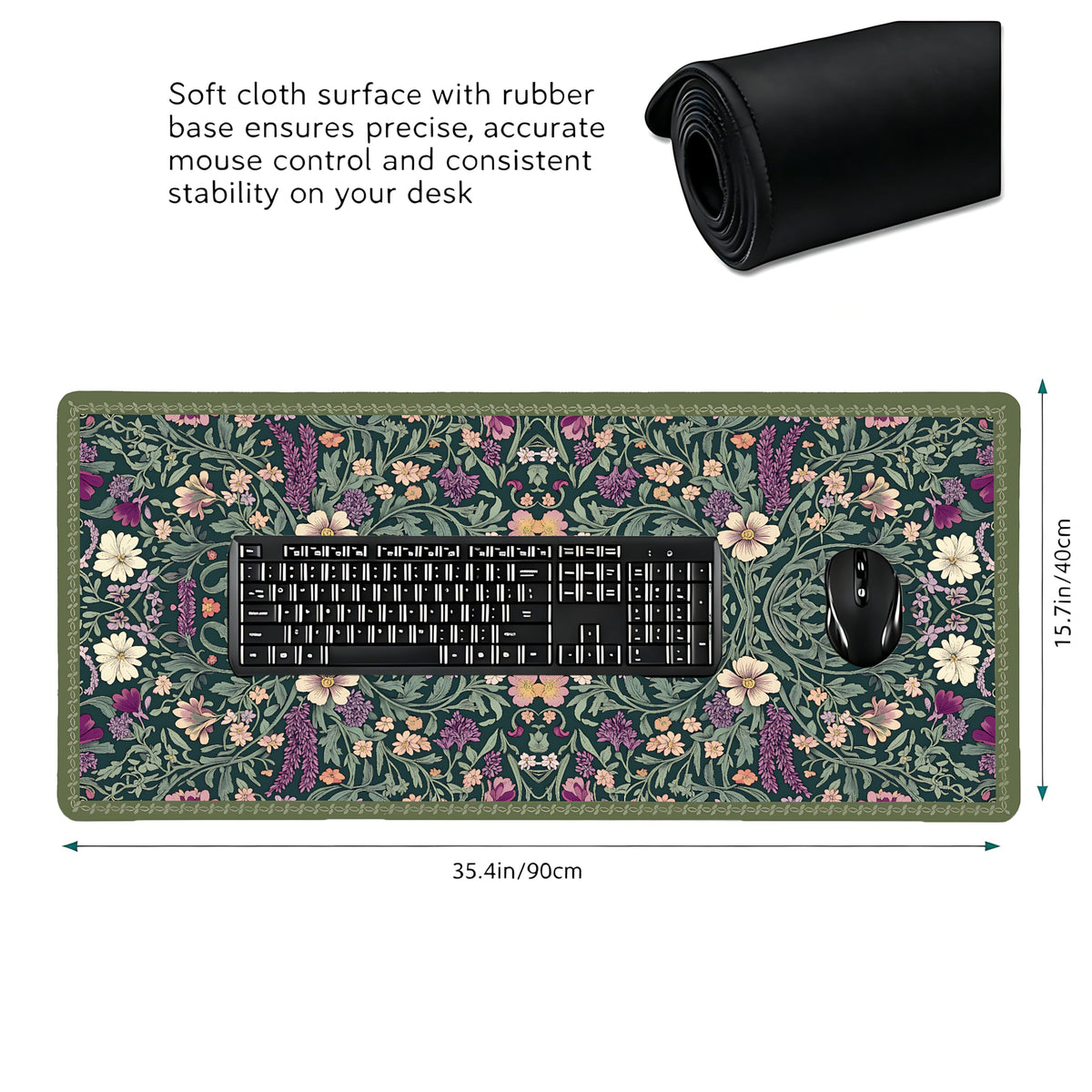 Cute Floral Aesthetic Lavender Gaming Mouse Pad, Dark Green Rug Desk Mat with Anti-Slip Base &