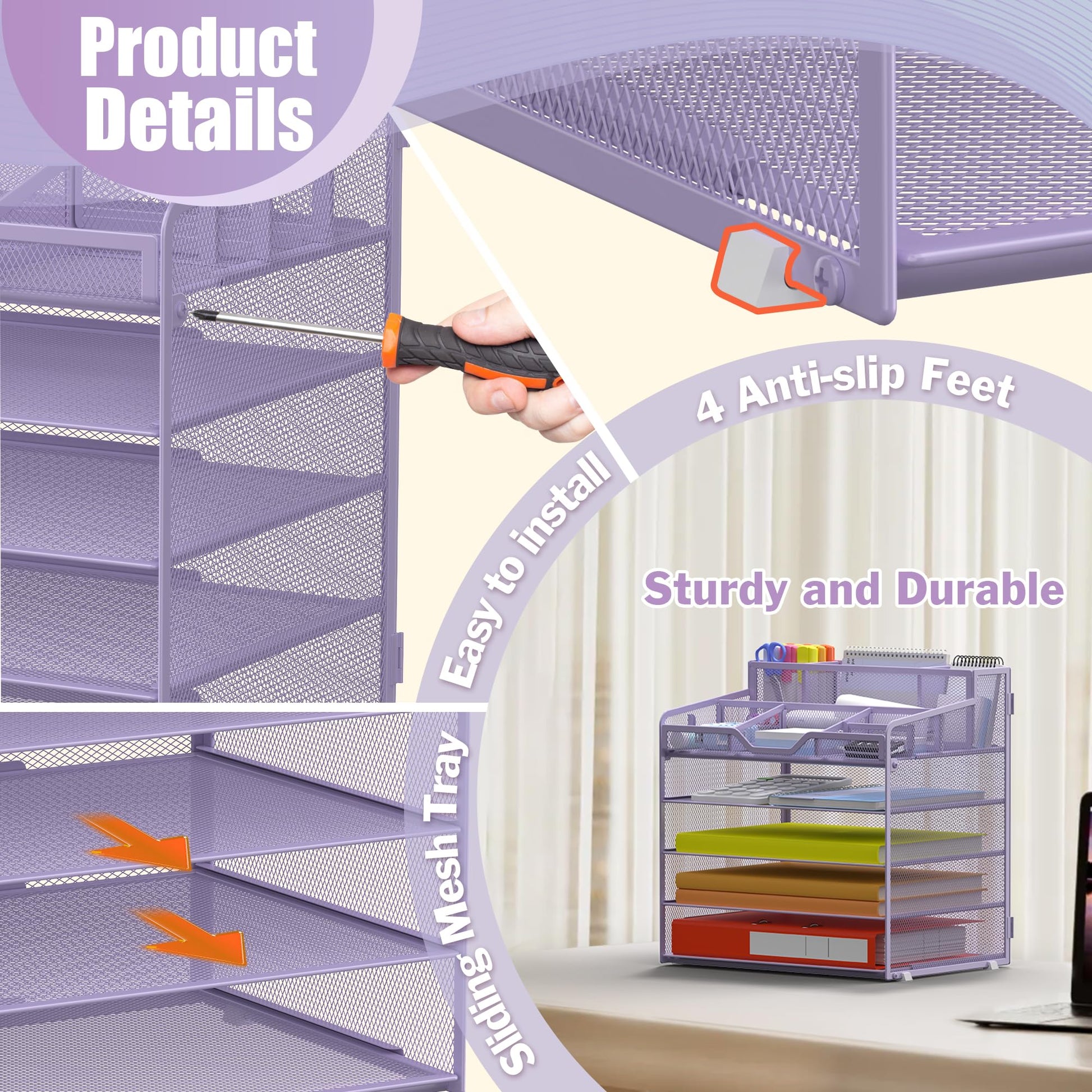 Docnest 5 Tier Mesh Desk Organizer with Letter Tray & Paper Sorter, Purple