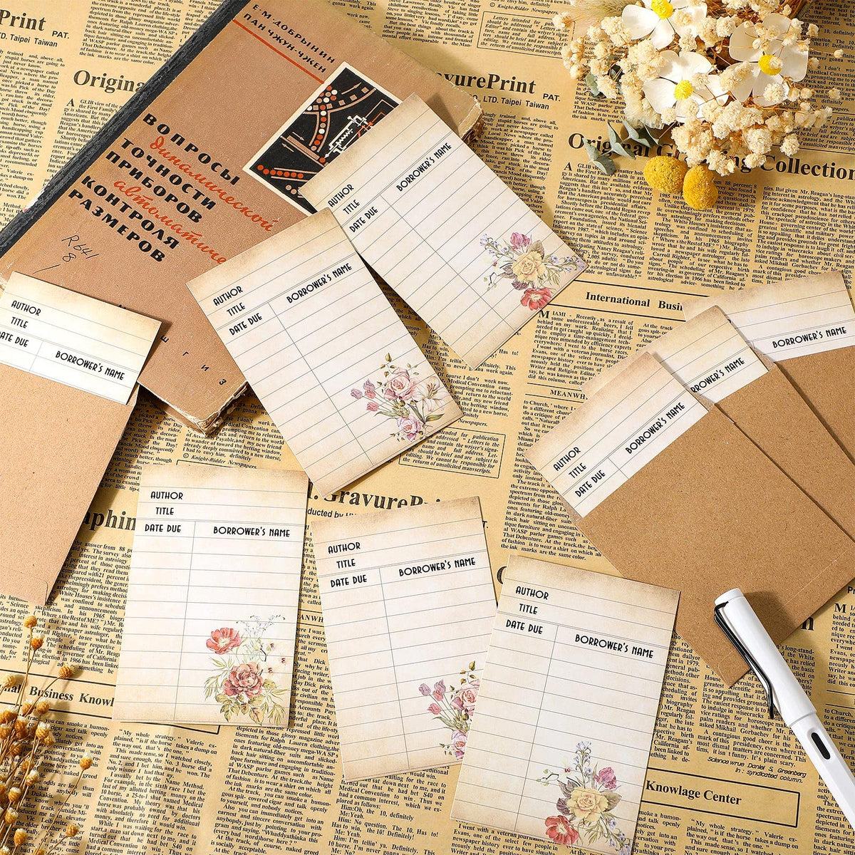 Roowest 120 Pack Library Card Pockets Library Checkout Index Cards, Flowers