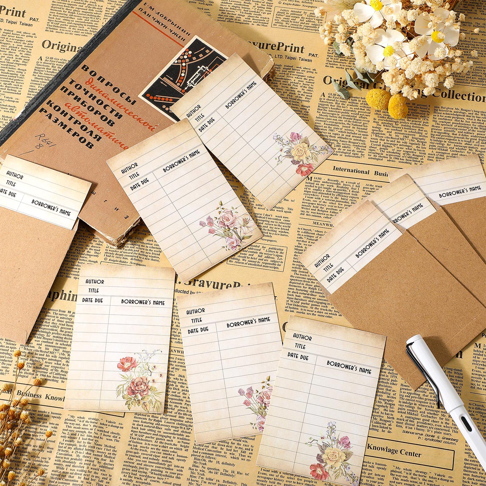 Roowest 120 Pack Library Card Pockets Library Checkout Index Cards, Flowers