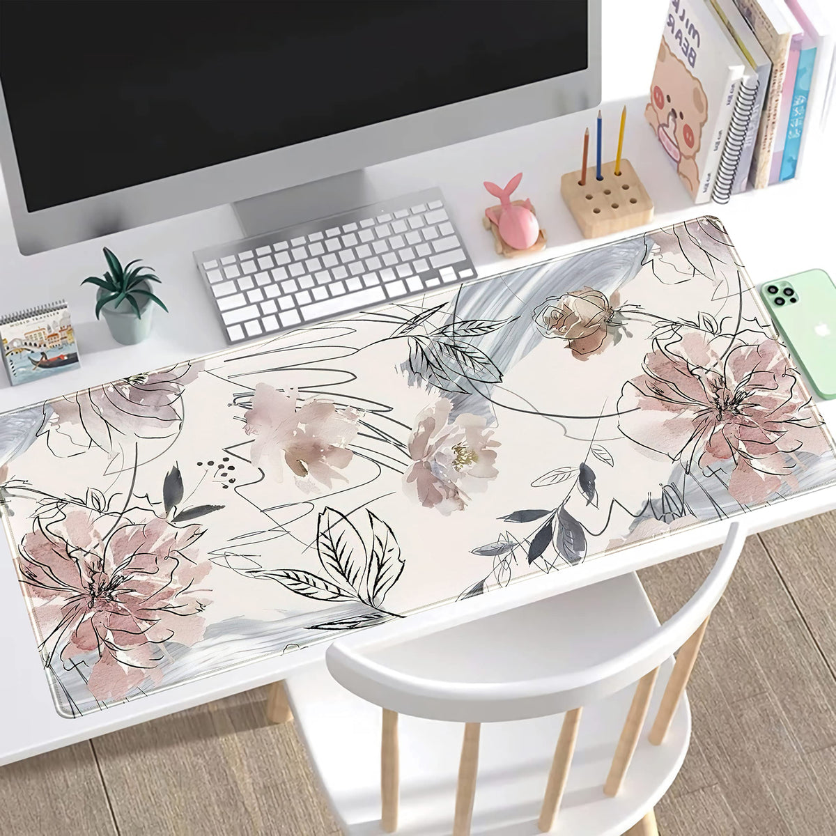 Desk Mat, Abstraction Hand Painted Flowers Extended Gaming Mouse Pad (31.5x15.75 in), Cute Large