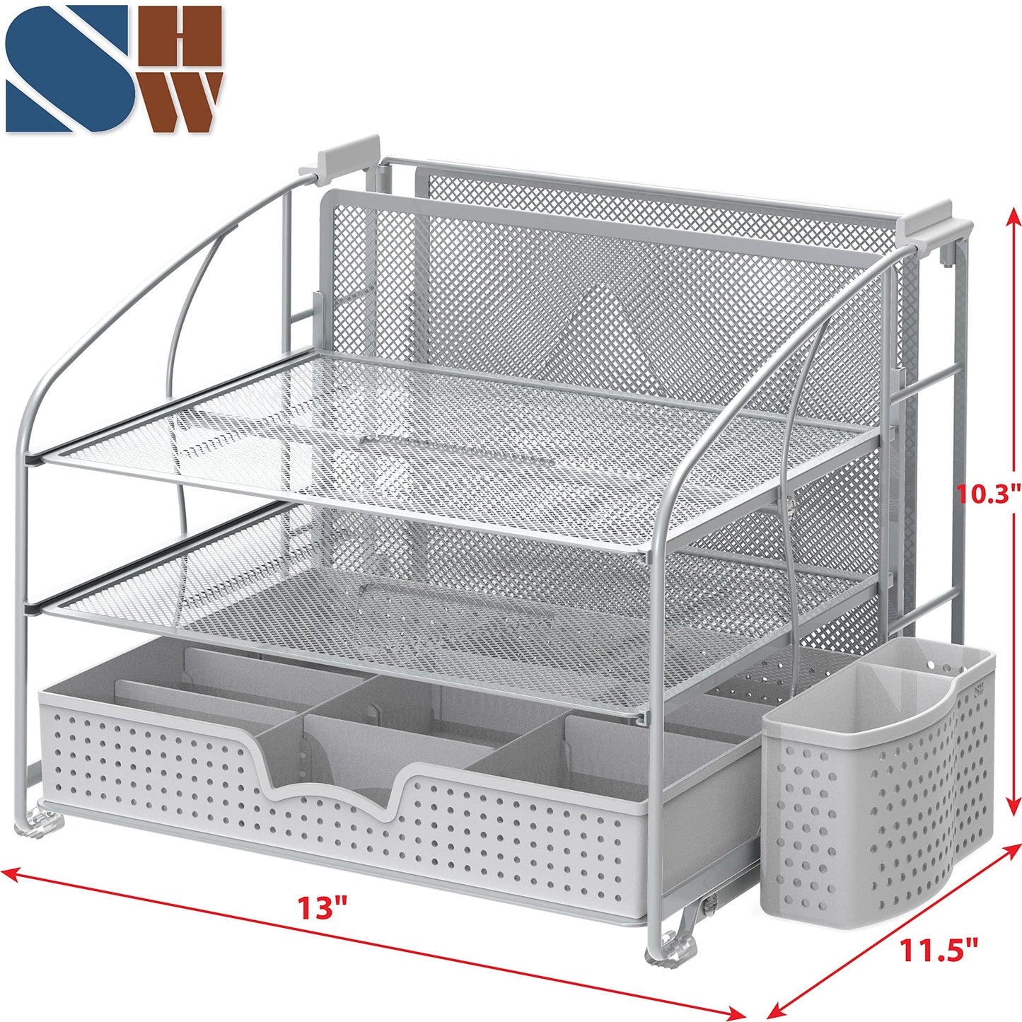Simple Houseware 3-Tier Desk Organizer with Sliding Drawer, Silver