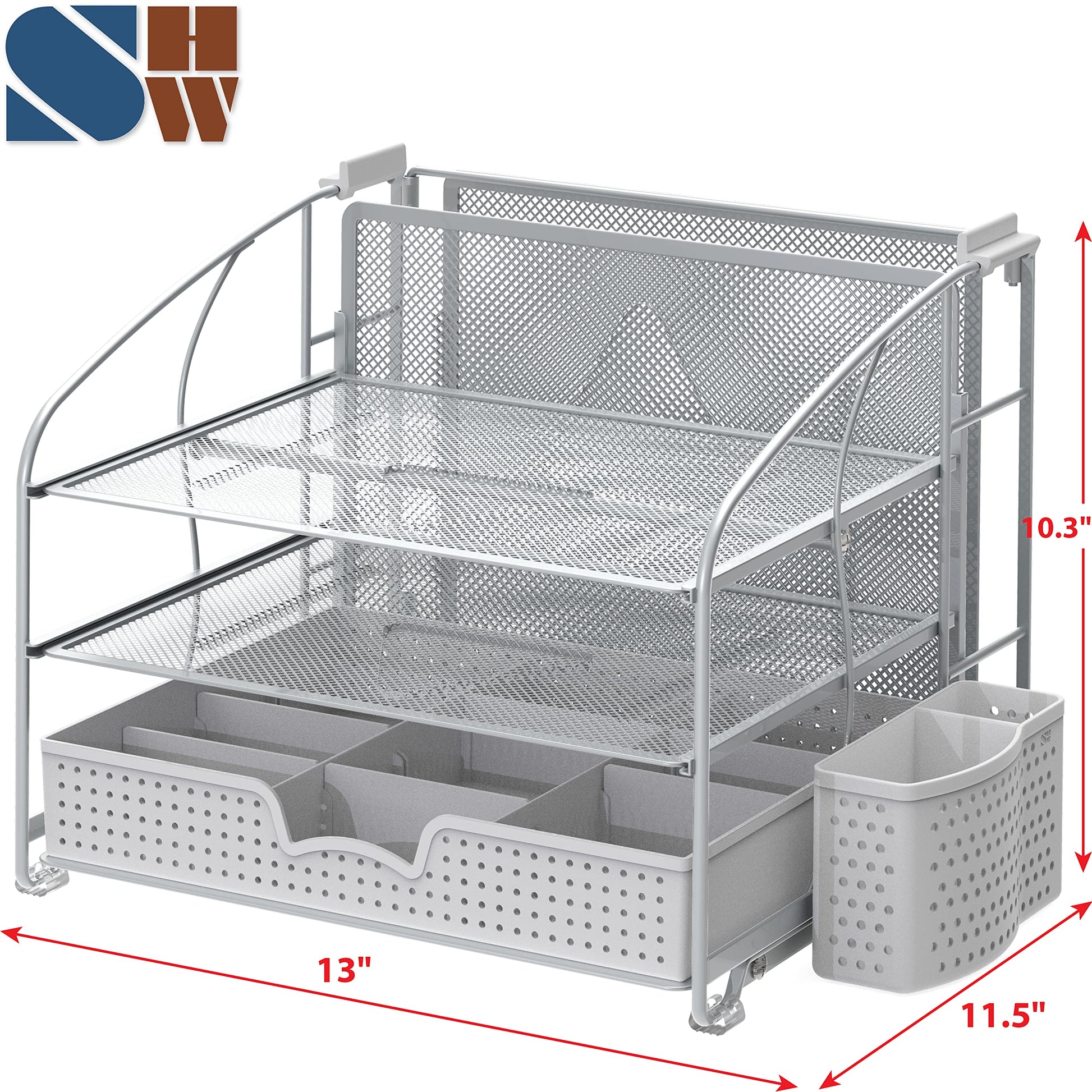 Simple Houseware 3-Tier Desk Organizer with Sliding Drawer, Silver