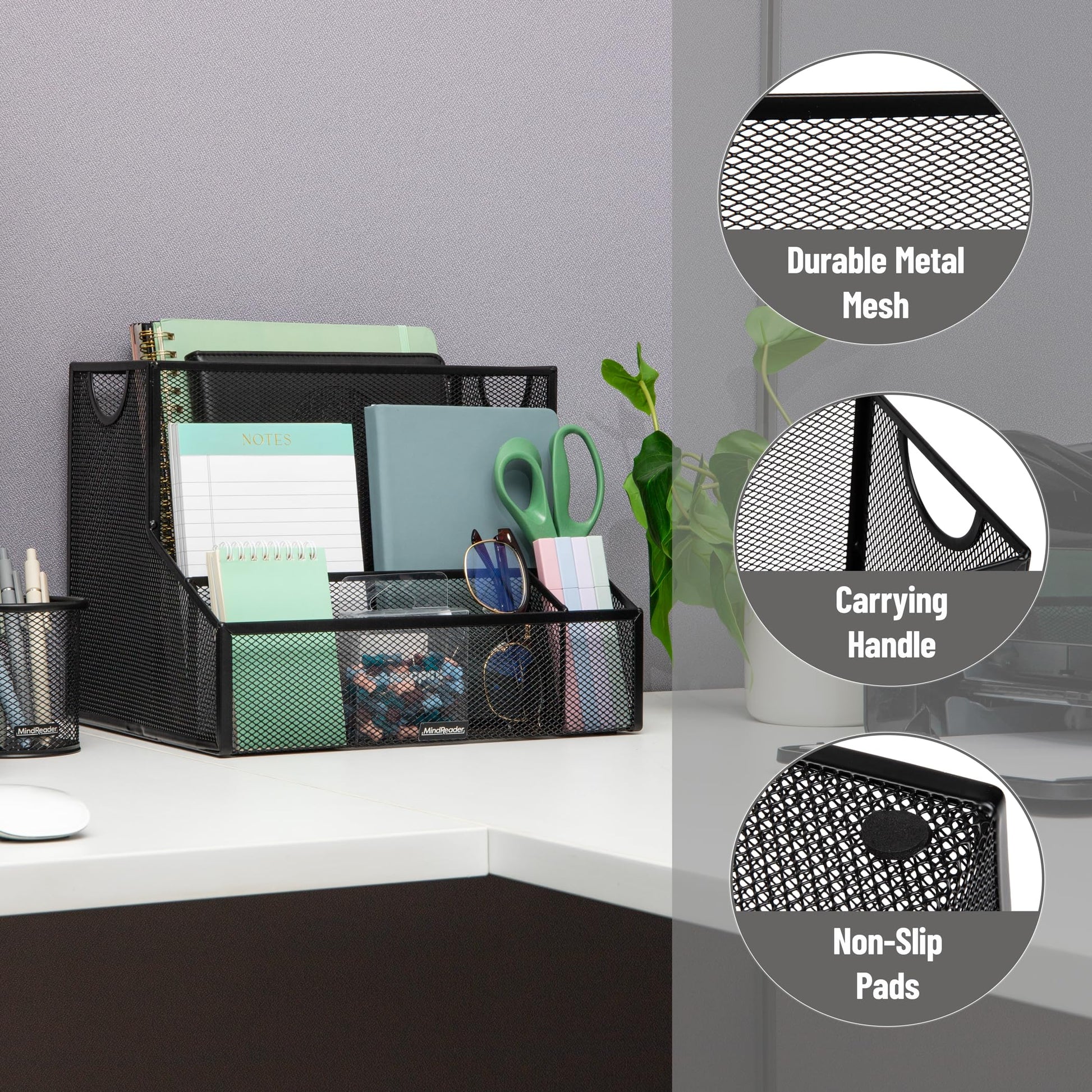 Mind Reader Desktop Organizer with Hanging File Storage, 4 Compartment Letter Size File Holder