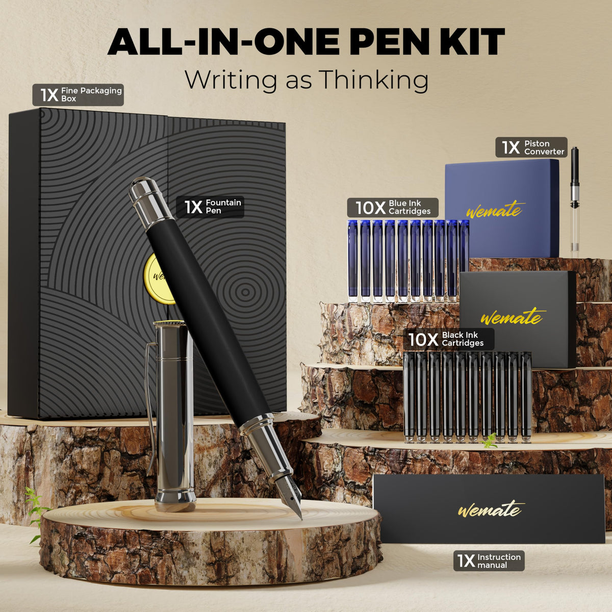 WEMATE Fountain Pen Set for Writing, Fine Nib, Black Ebony