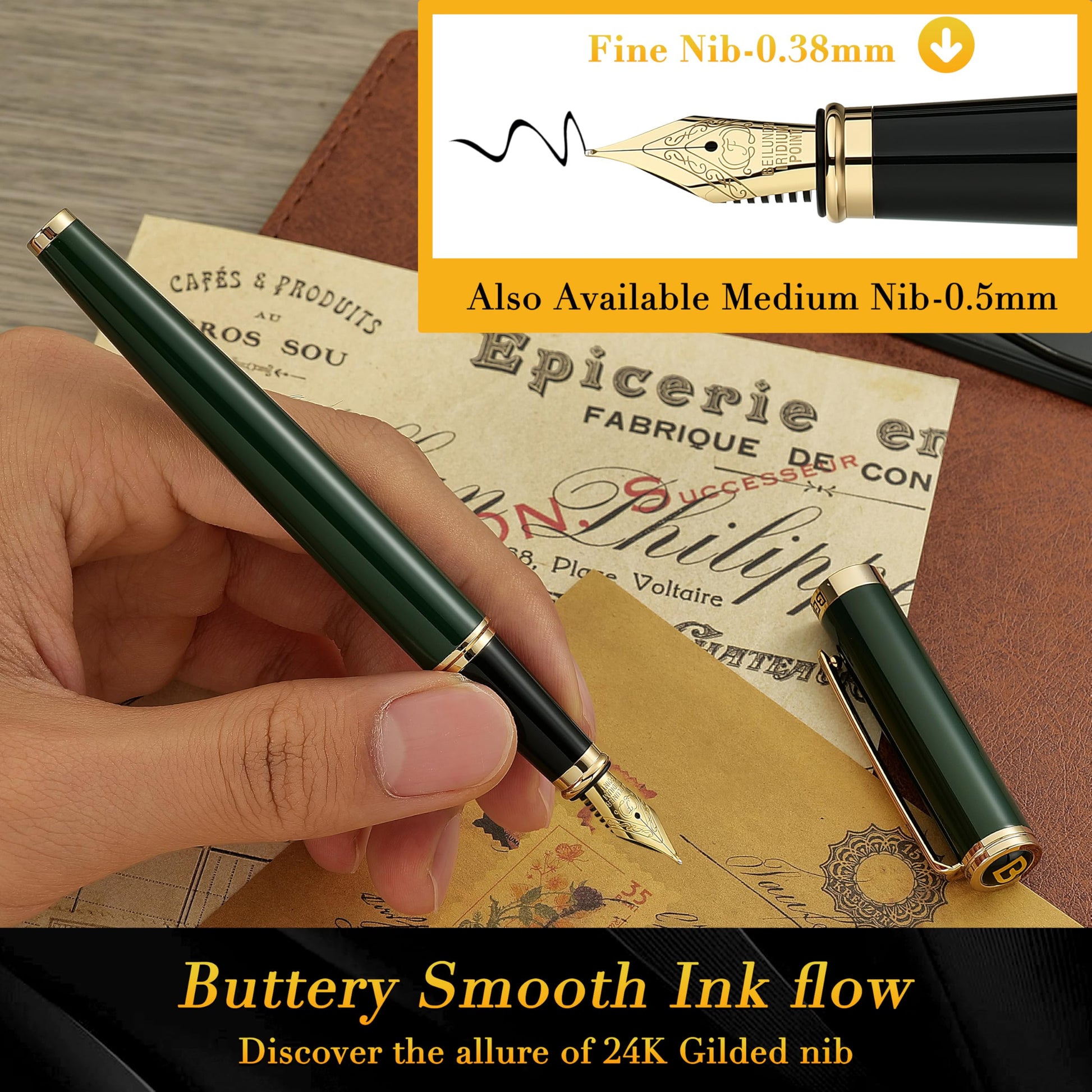 BEILUNER Racing Green Fountain Pen,Stunning Luxury Pens with 24K Gold Finish, Gorgeous 24K Gilded