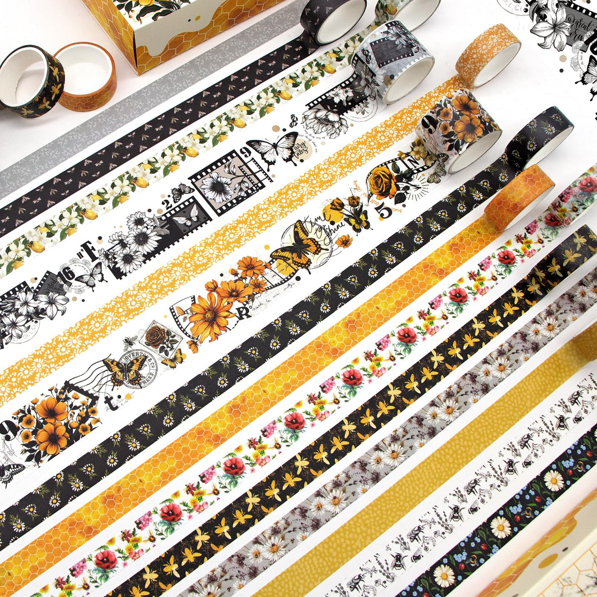 KOVANO Washi Tape Set 14 Rolls, Vintage Bee Floral Butterfly Botanical Washi Tape, Yellow Black
