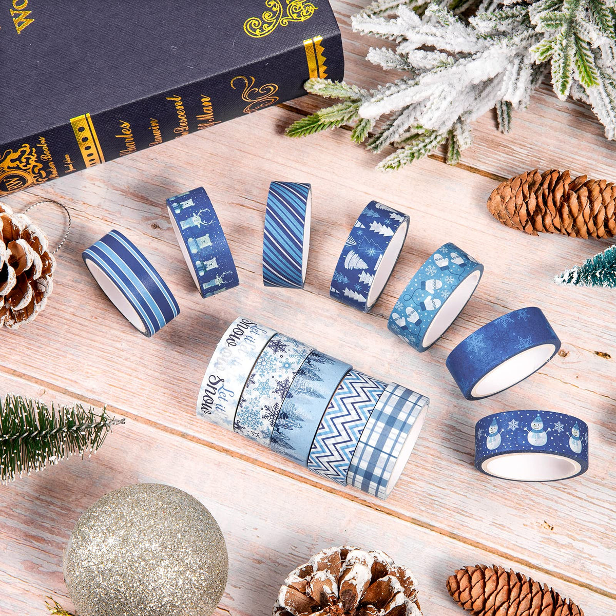 Whaline 12 Rolls Winter Washi Tape Blue White Snowflake Snowman Holiday Masking Tape Xmas Tree