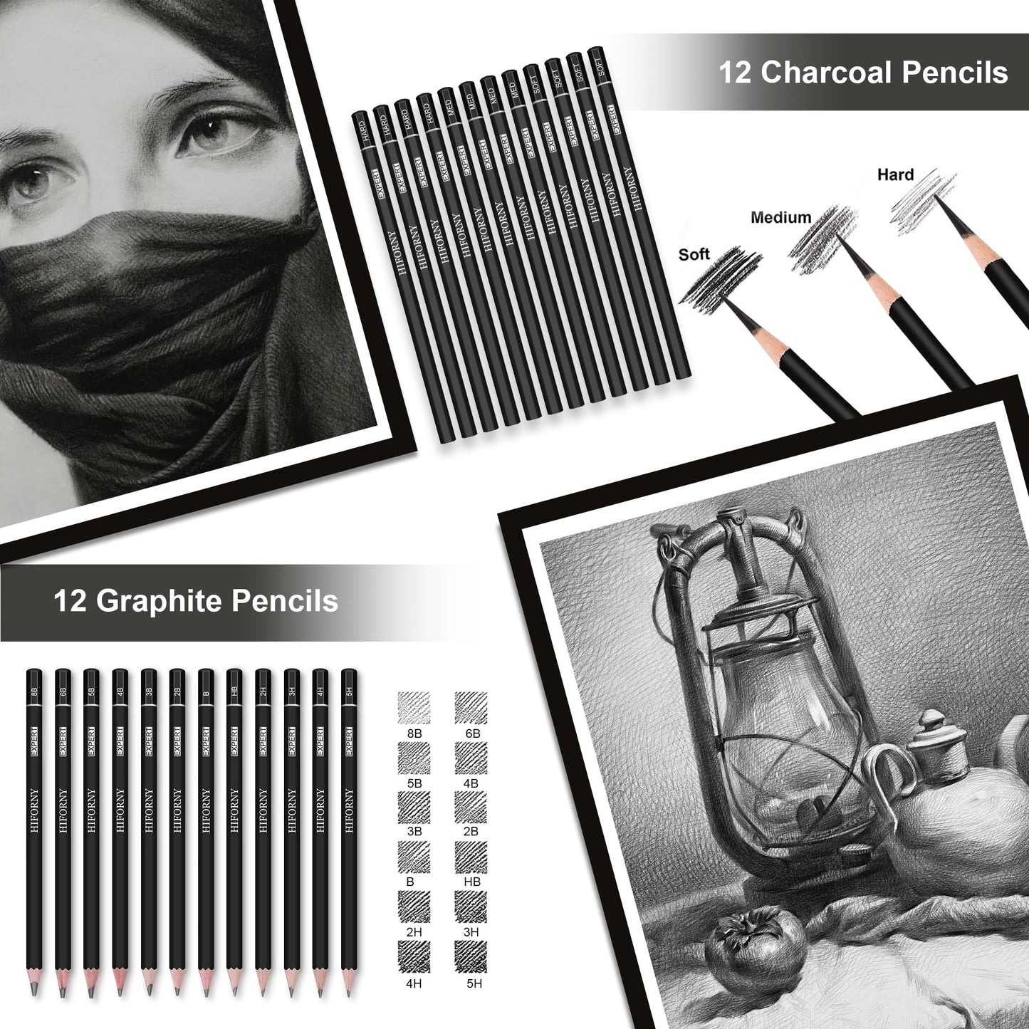 HIFORNY 176 PCS Art Supplies Drawing Set Sketching Kit with 100 Sheets 3-Color Sketchbook,Graphite