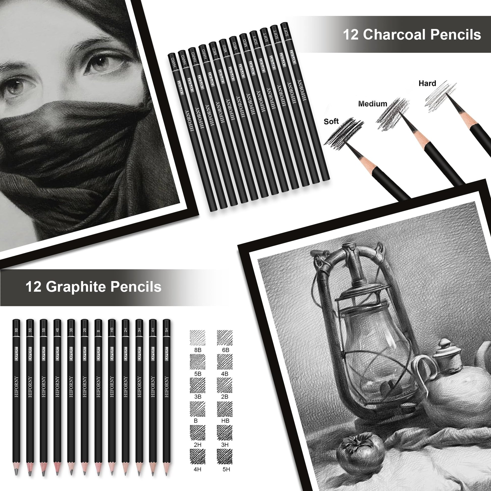 HIFORNY 176 PCS Art Supplies Drawing Set Sketching Kit with 100 Sheets 3-Color Sketchbook,Graphite