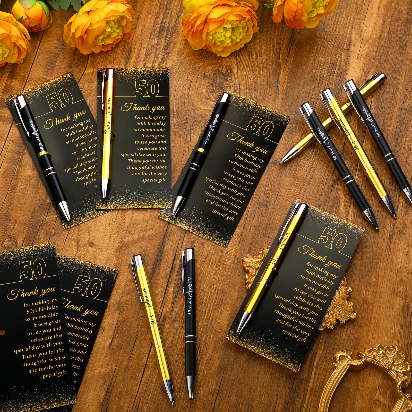 Feifeiya 50th Birthday Party Favors with Black Gold Pens Thank You Cards