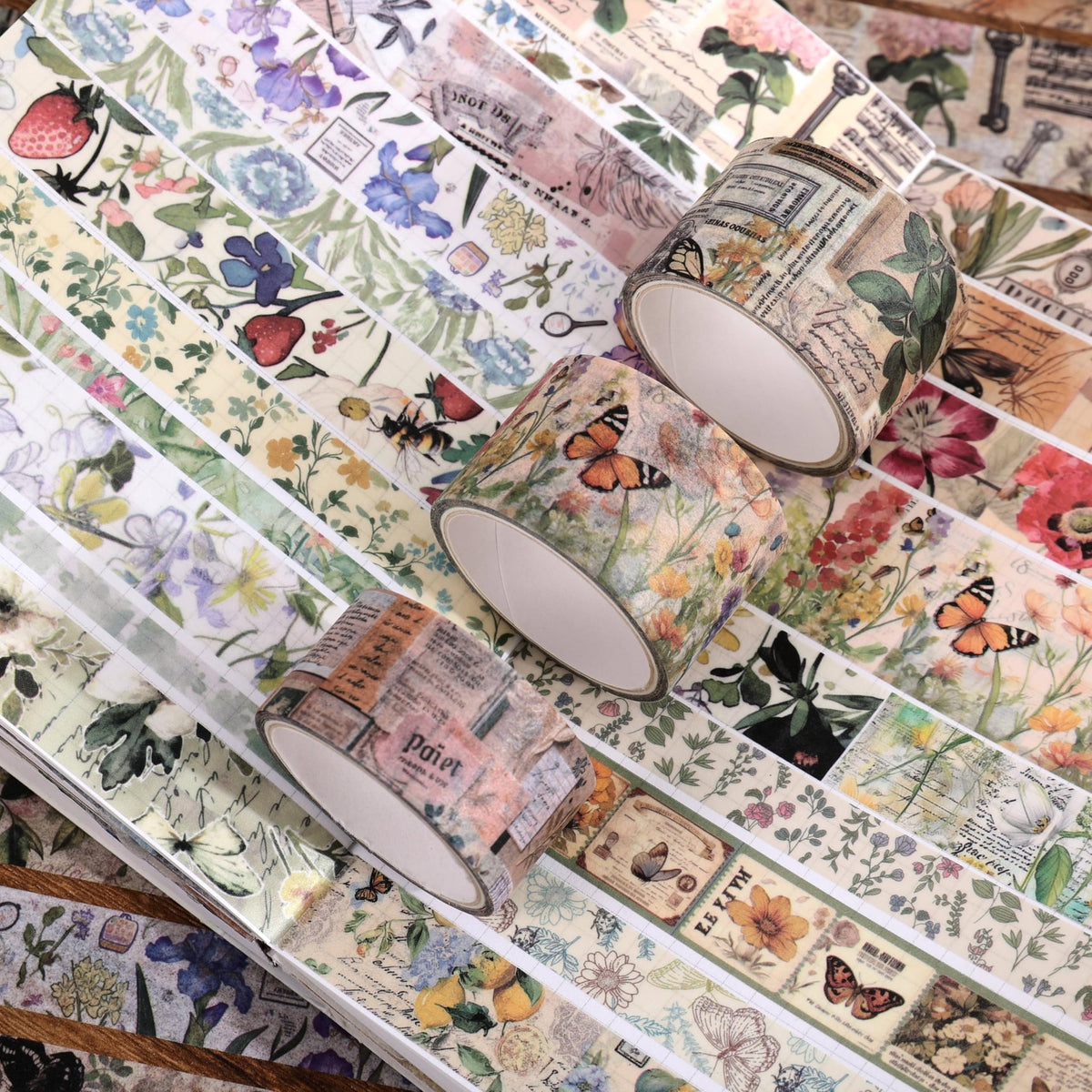 42 Rolls Vintage Washi Tape Set, Delicate Butterfly & Lush Floral Botanical Themed Writable