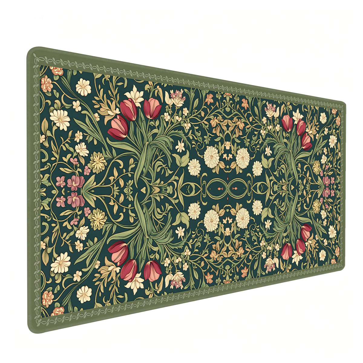 Cute Floral Aesthetic Dahlia Gaming Mouse Pad, Dark Green Rug Desk Mat with Anti-Slip Base &