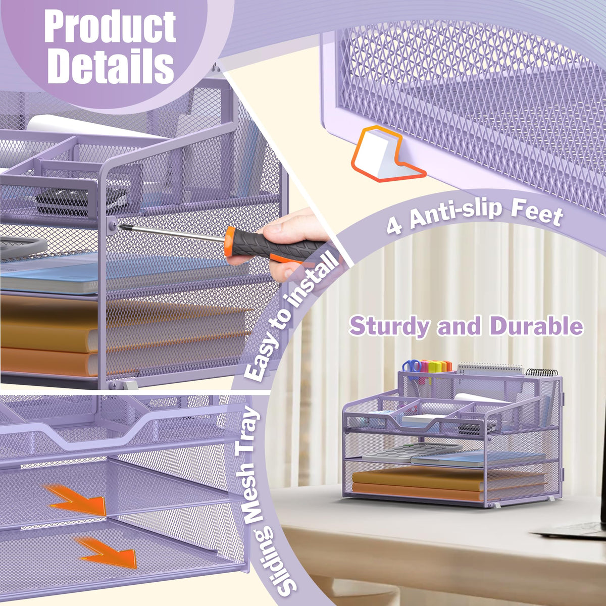 Docnest 3 Tier Mesh Desk Organizer with Letter Tray & Paper Sorter, Purple
