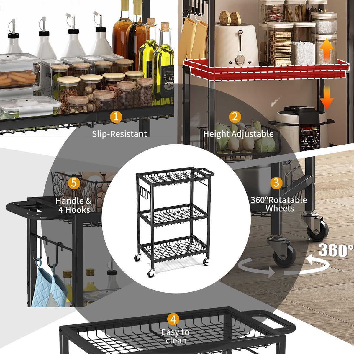 3-Tier Rolling Cart, Space-Saving Kitchen Cart with 150Lbs Capacity, Black Storage Cart with 2