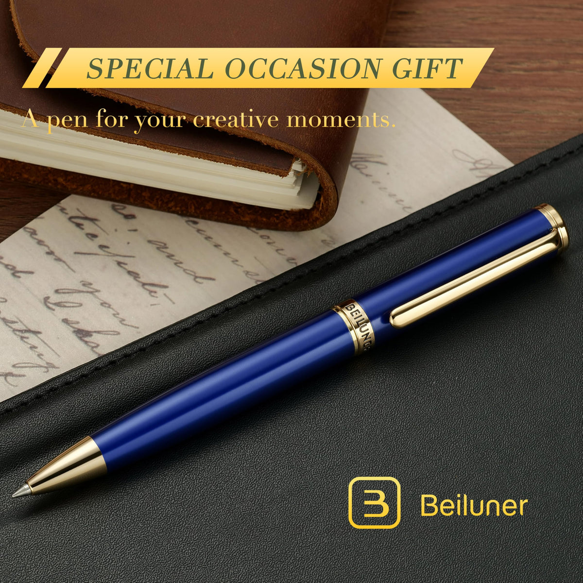 BEILUNER Blue Lacquer Gel Pen - Stunning Luxury Pen with 24K Gold Finish, ADMOK Black Refill
