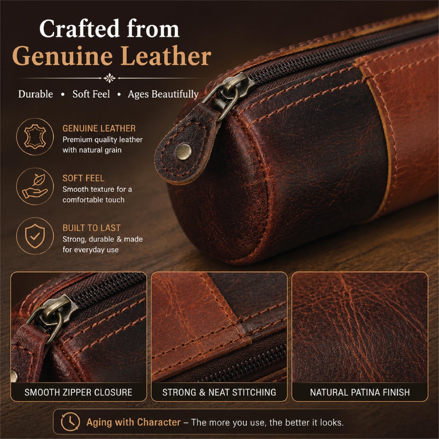 TheAntiq Genuine Leather Pencil Pouch, Handcrafted Zipper Organizer Case with Wrist Strap, Durable