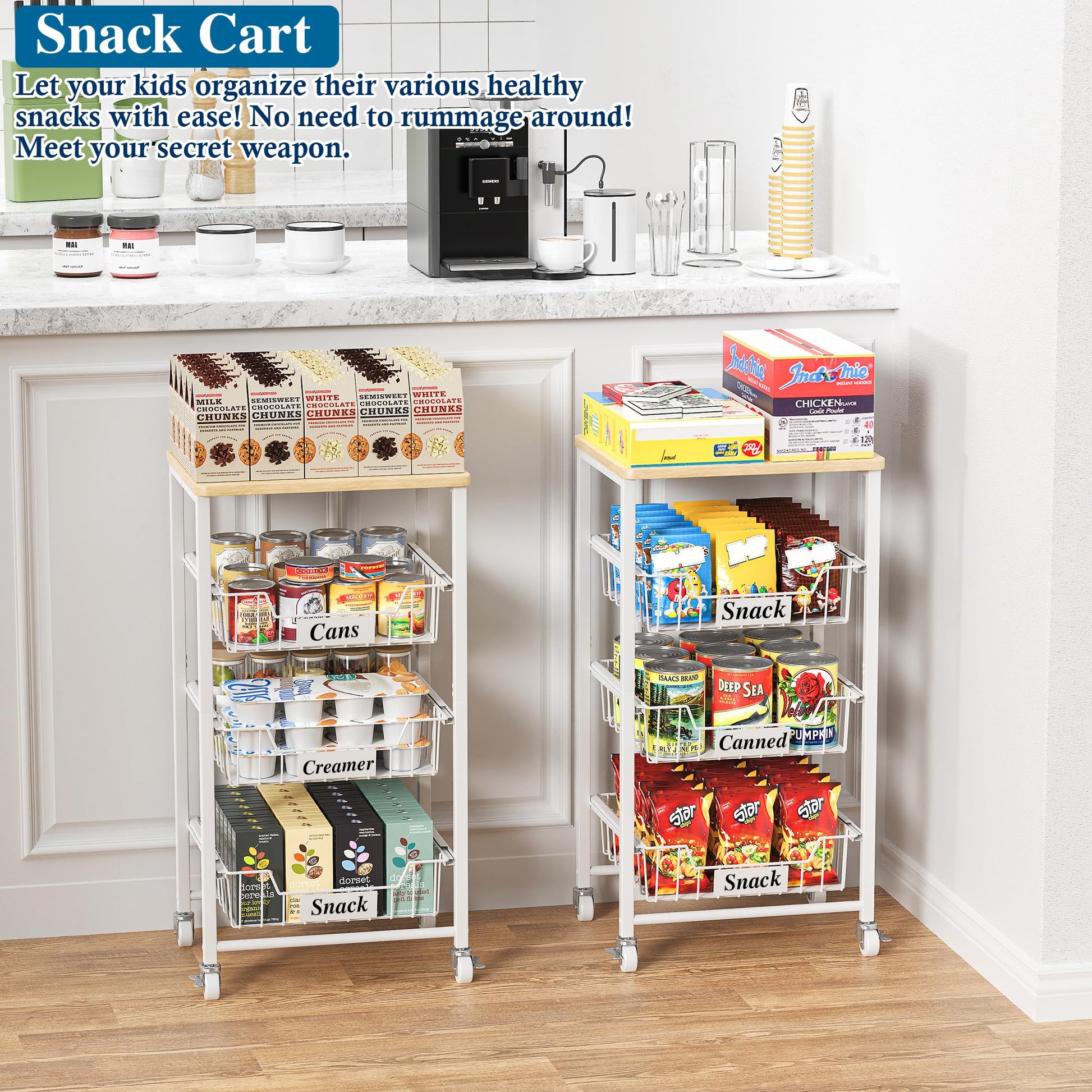 OKZEST 4-Tier Kitchen Storage Cart with 3 Upgraded Drawer Basket & Wood Top