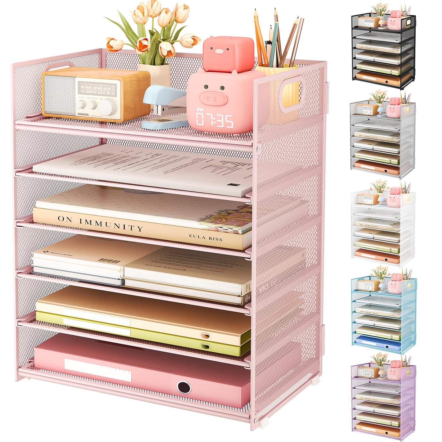 Subekyu 6 Tier Office File Paper Desk Tray Organizer with Handle, Stackable Slide Mesh Letter Tray