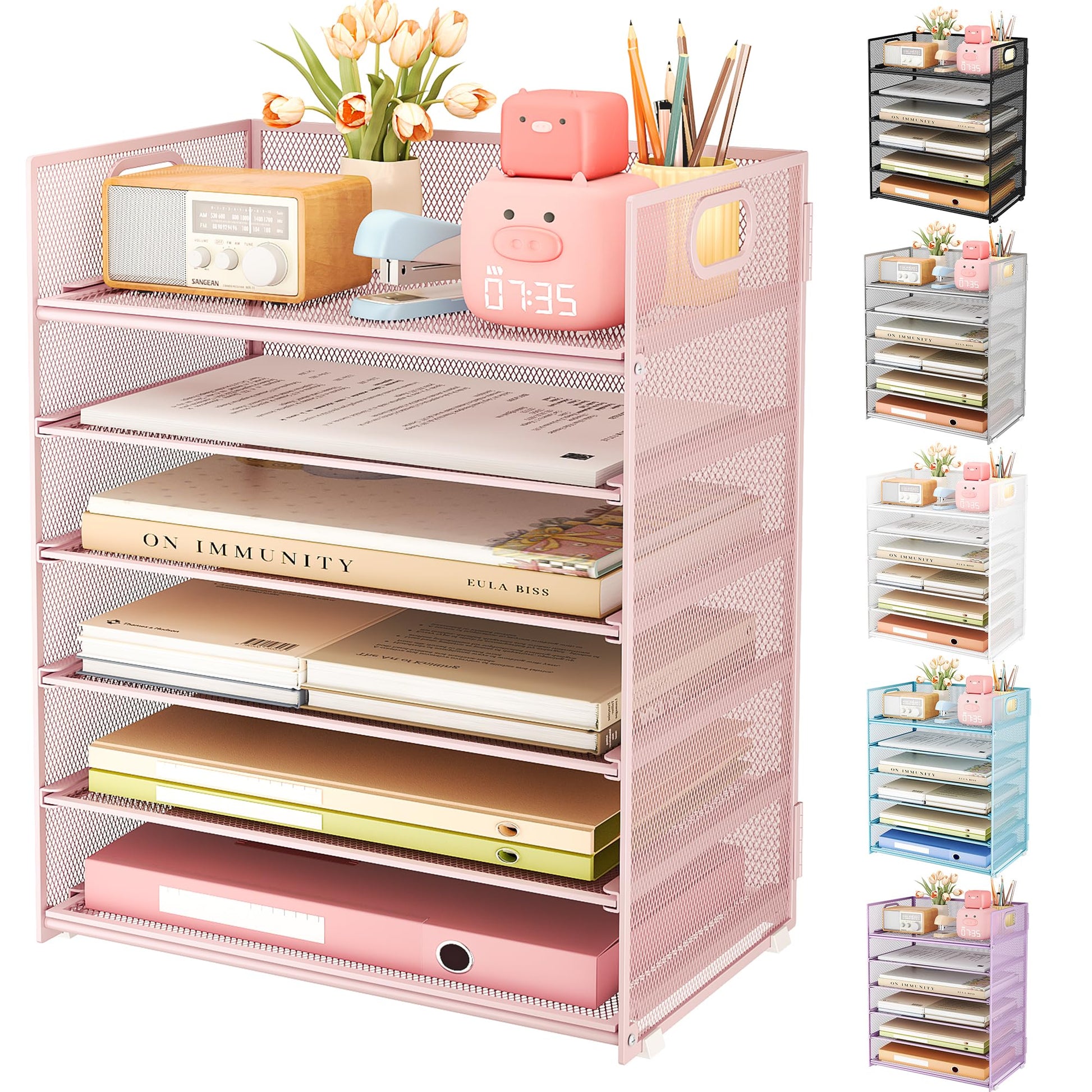 Subekyu 6 Tier Office File Paper Desk Tray Organizer with Handle, Stackable Slide Mesh Letter Tray
