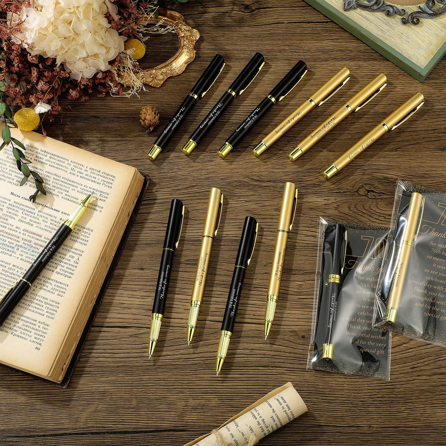 Feifeiya 50 Set 70th Birthday Favors with Black Gold Pens Cards