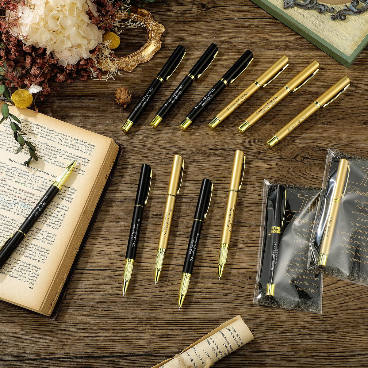 Feifeiya 50 Set 70th Birthday Favors with Black Gold Pens Cards
