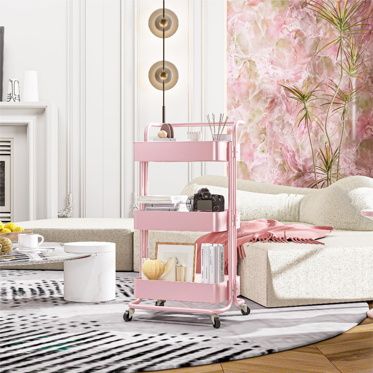 Mzzelry Metal Rolling Storage Cart, 3-Tier Utility Cart with Wheels, Multifunctional Organizer