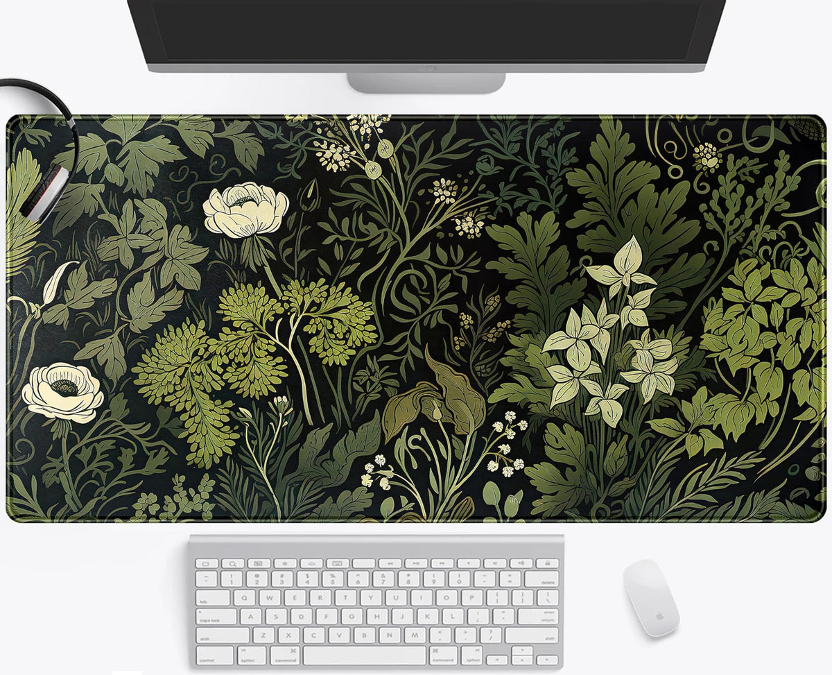 Green Leaves Beige Plants Pad, Large Extend Mouse Pad XXL, Freshness Foliage Keyboard Mat, Black