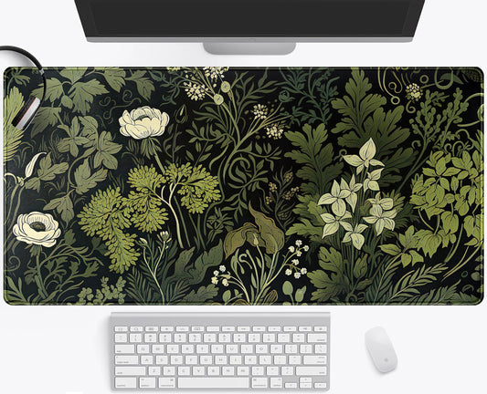 Green Leaves Beige Plants Pad, Large Extend Mouse Pad XXL, Freshness Foliage Keyboard Mat, Black