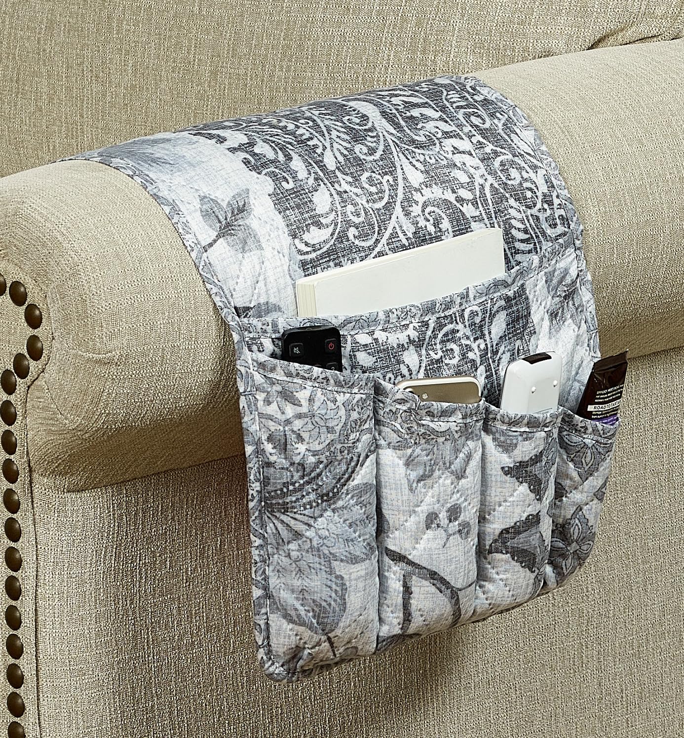 Brilliant Sunshine Grey Flowers Patchwork Couch Armrest Cover, 35"×13"