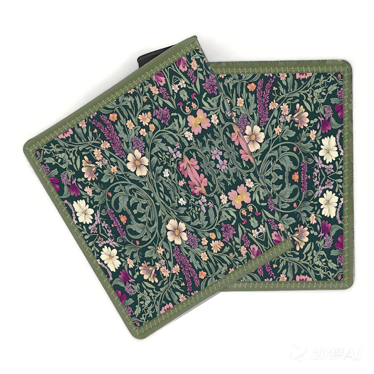 Cute Floral Aesthetic Lavender Gaming Mouse Pad, Dark Green Rug Desk Mat with Anti-Slip Base &