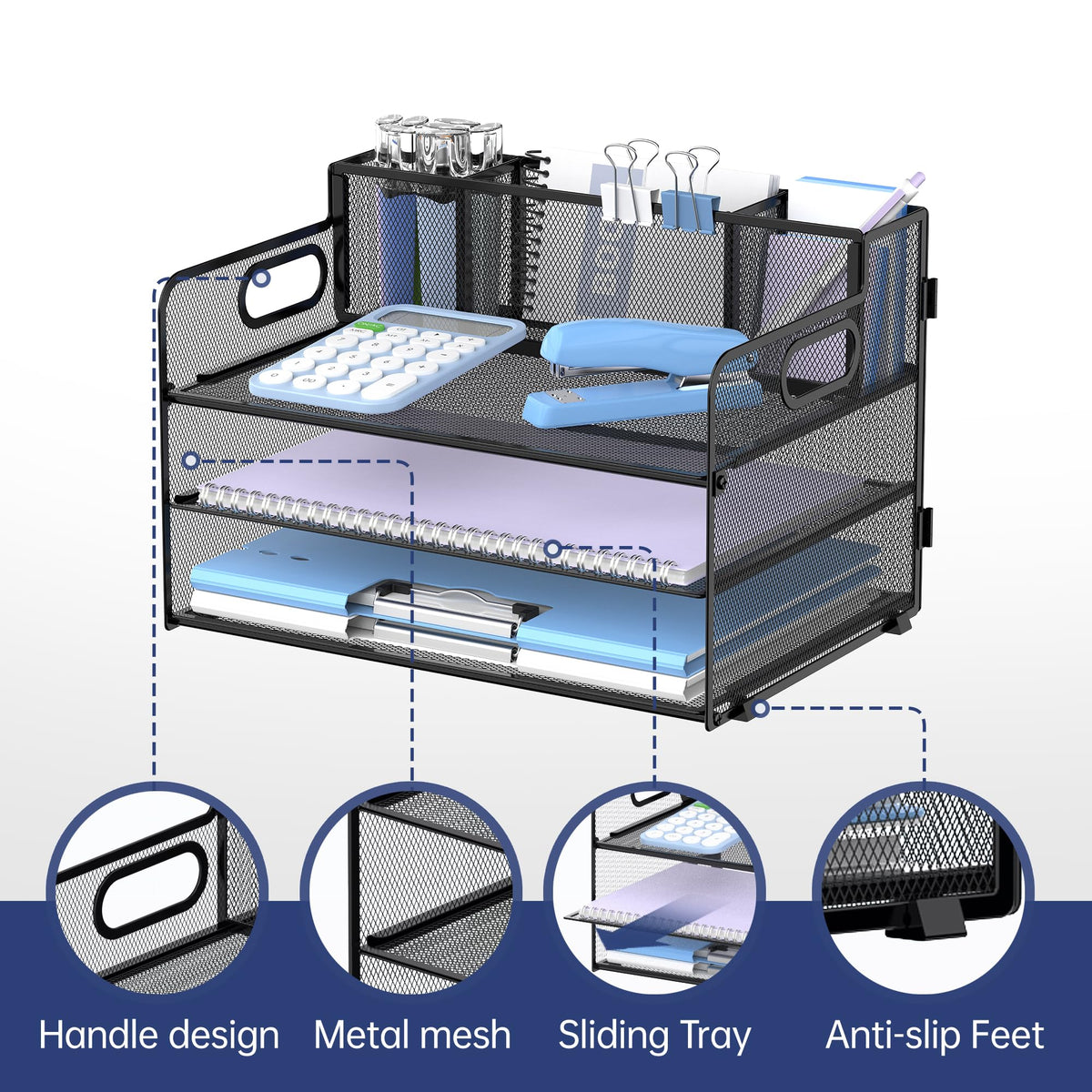 3-Tier Desk Organizer with Pen Holder and Handles, Paper Organizer, Black