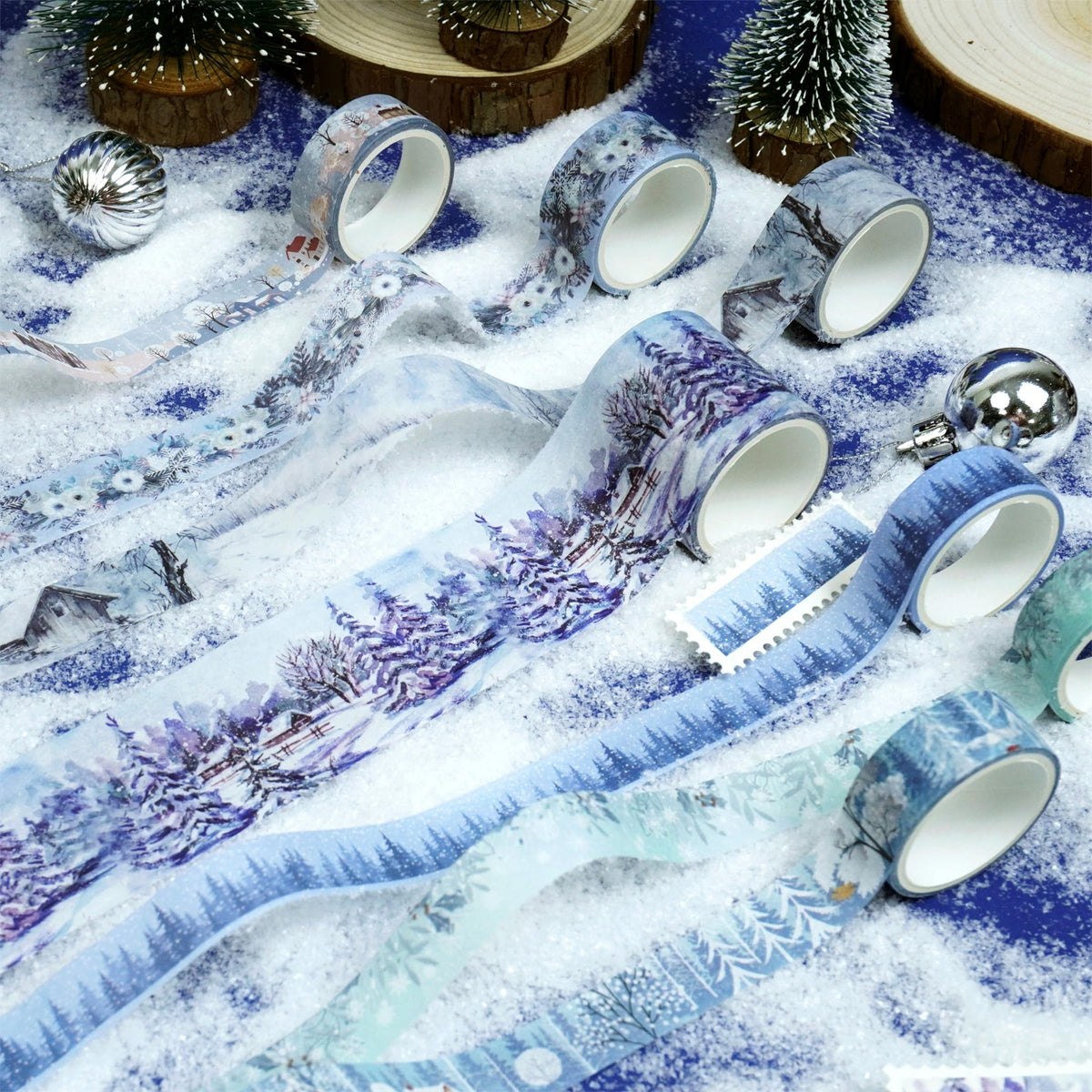 YUBX Winter Washi Tape Set 18 Rolls Landscaping Snow Embellishment Blue White Decorative Masking