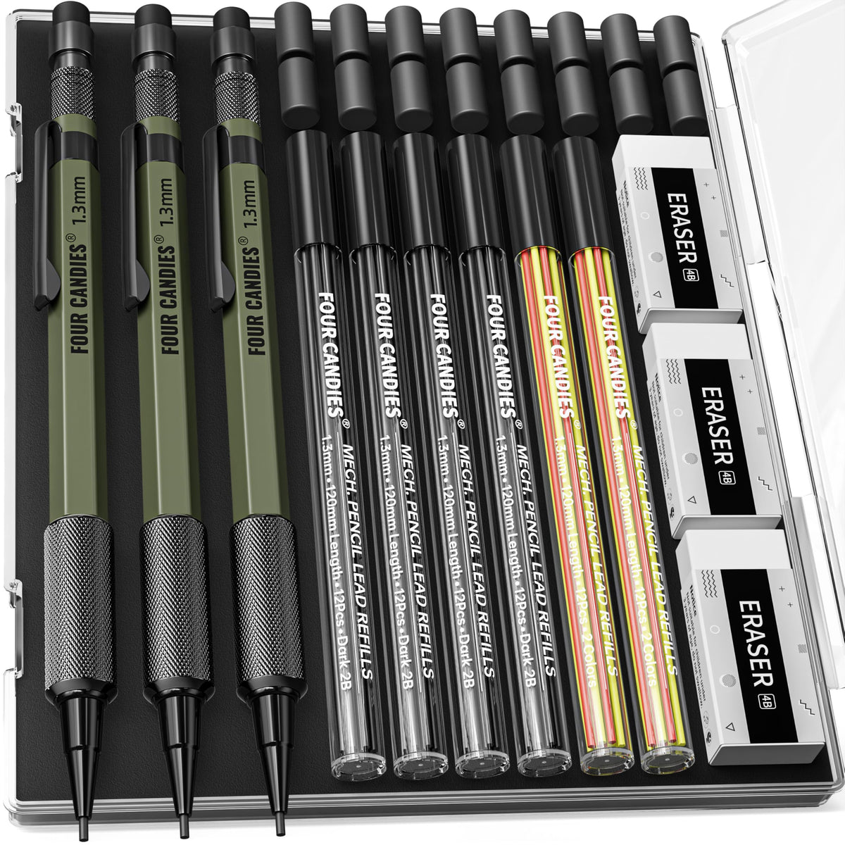 Four Candies 1.3mm Metal Mechanical Pencil Set with 72 Lead Refills, 3-Pack