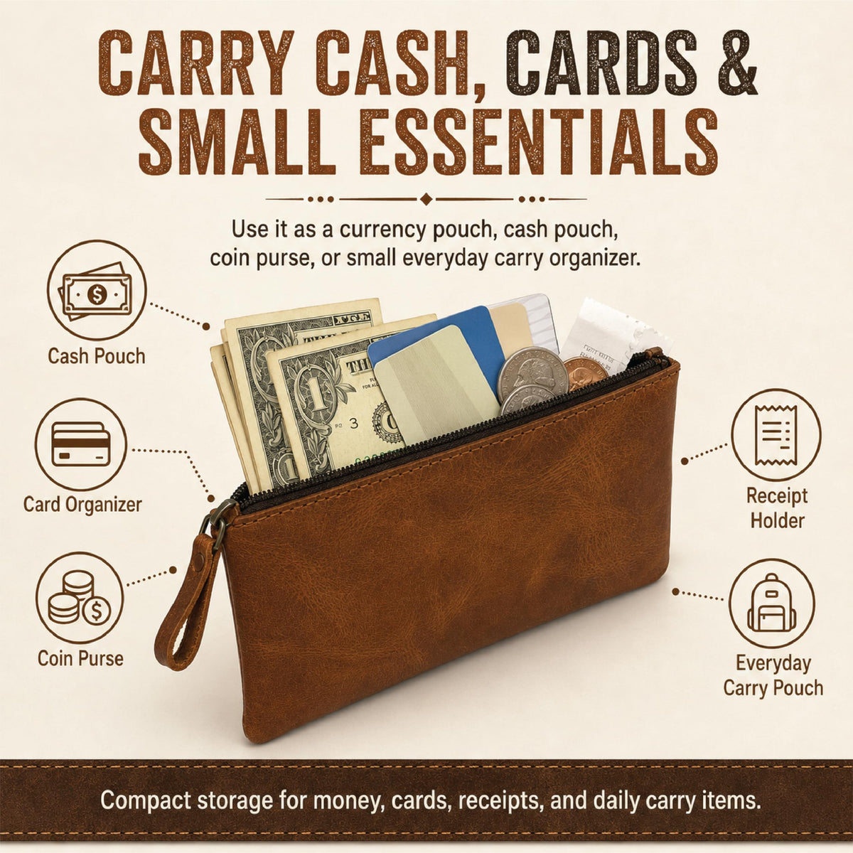 TheAntiq Leather Pencil Pouch Money Bag, Tan