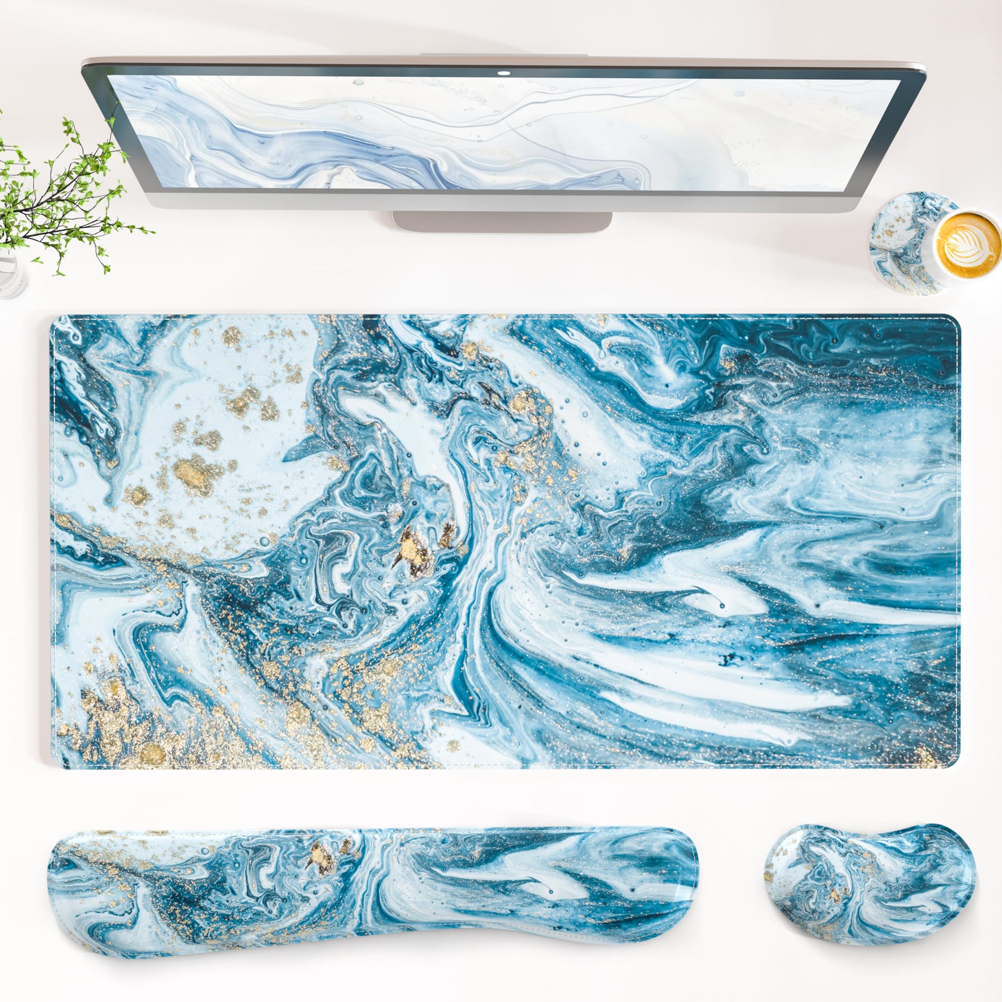 QIYI PU Leather Desk Mat Set, 4-in-1 Ergonomic Wrist Rest, Blue Marble