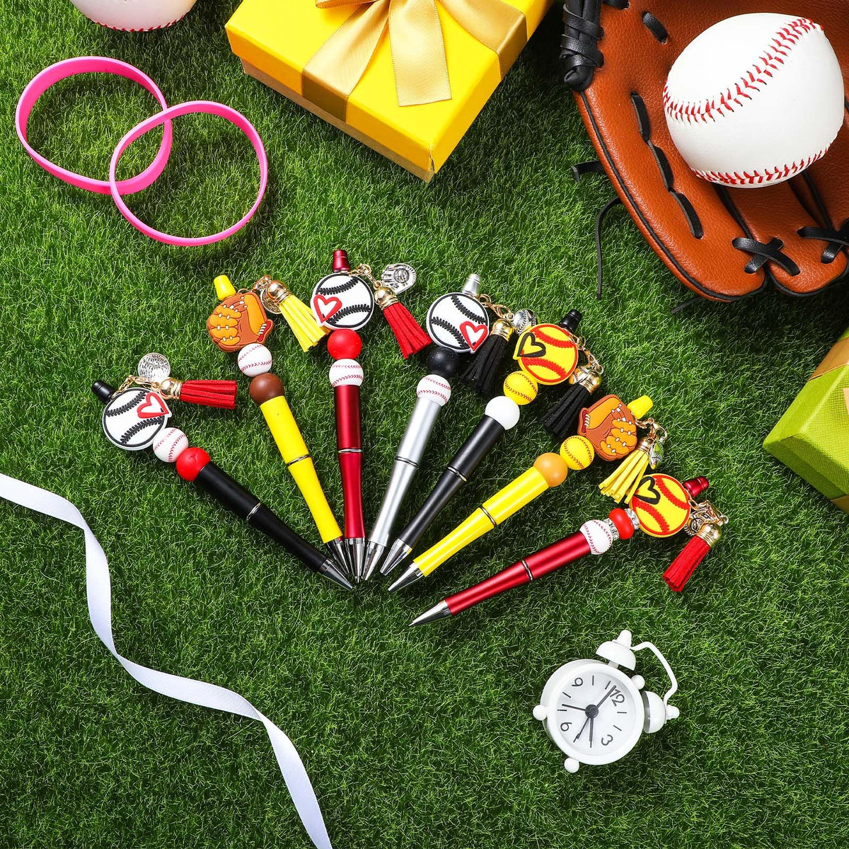 Jutom 12 Pcs Sports Beadable Pens Plastic Baseball Bead Pens Included 50 Pcs Colorful Beads 12